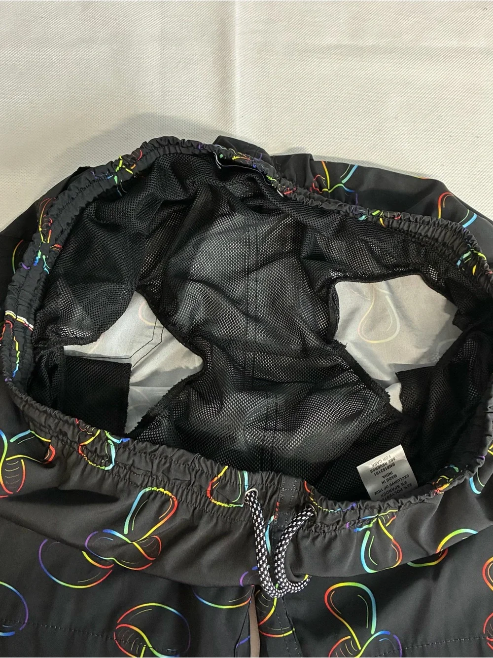 ENNEA Swim Trunks Men’s XL  Black Multicolor Mushroom Mesh Lining 3 Pockets Flaw